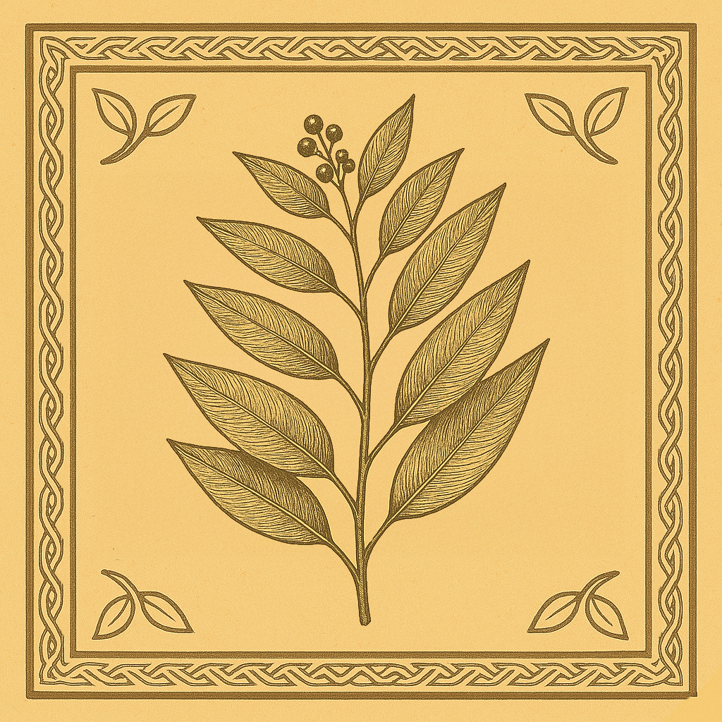 Intricate botanical illustration of a leafy branch with berries, centered within a golden square frame. The frame is bordered by a Celtic-style pattern and accented with small leaf motifs in each corner.