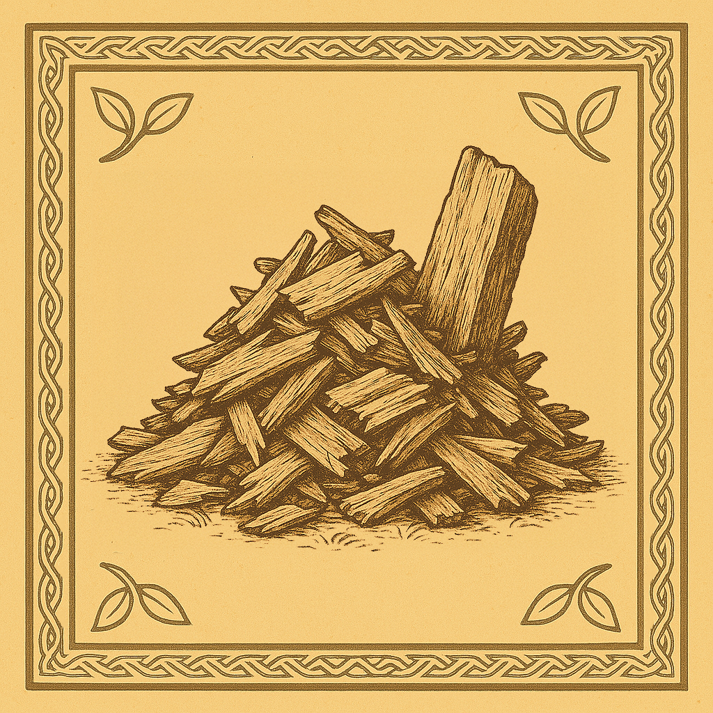 Intricate botanical illustration of cedar sprigs with scale-like needles, centered in a golden square frame bordered with Celtic-style design and small leaf details in each corner.