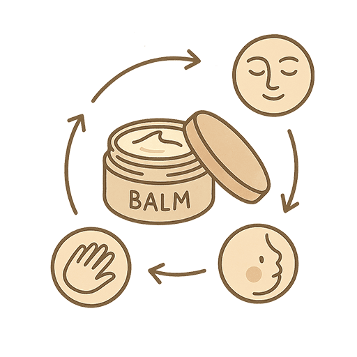 Illustration of multi-use balm jar for face, hands, and baby skin care