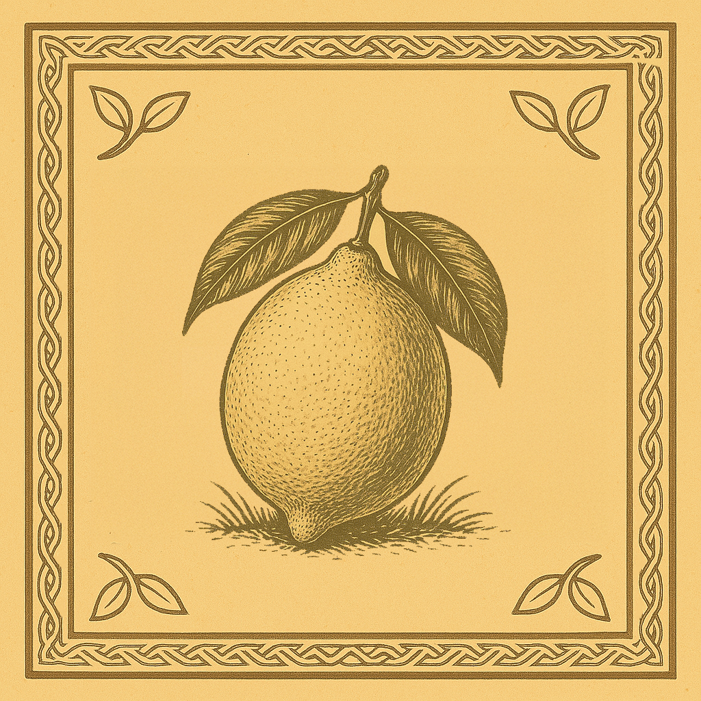 Intricate botanical illustration of a lemon branch with oval fruit and smooth leaves, centered in a golden square frame with Celtic-style borders and leafy corner embellishments.