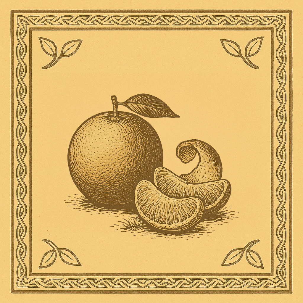 Intricate botanical illustration of an orange branch with round fruit and pointed leaves, framed in a golden square with Celtic-style border and small corner leaf designs.