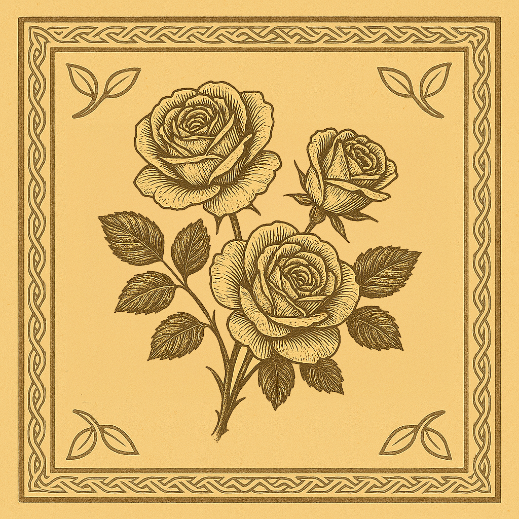 Intricate botanical illustration of a blooming rose with layered petals and curved leaves, framed in a golden square bordered with Celtic-style trim and corner leaf accents.