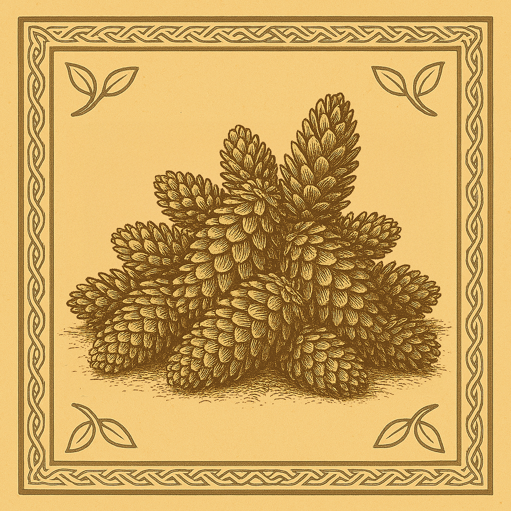Intricate botanical illustration of fir needles arranged on a central stem, displayed within a golden square frame. The frame features a Celtic-style border and is accented with small leaf motifs in each corner.