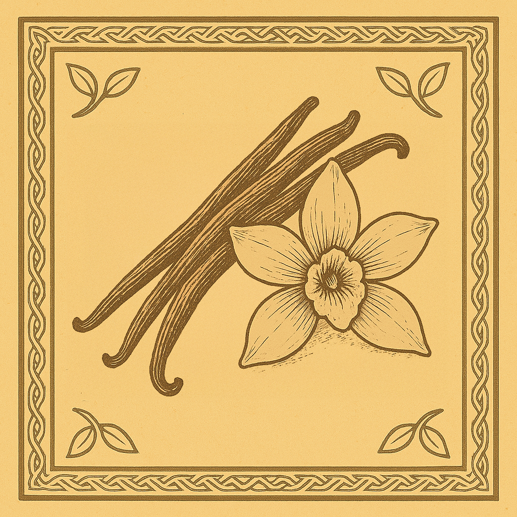 Intricate botanical illustration of a vanilla orchid flower and curling bean pod, centered within a golden square frame. The border is styled with Celtic patterns and leaf motifs decorate each corner.